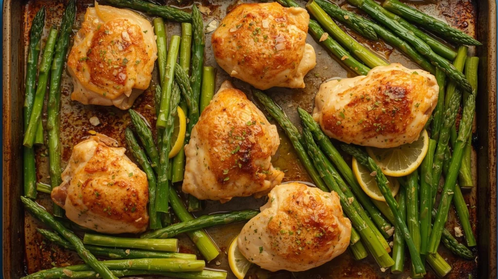 lemon chicken and asparagus sheet pan dinner ​