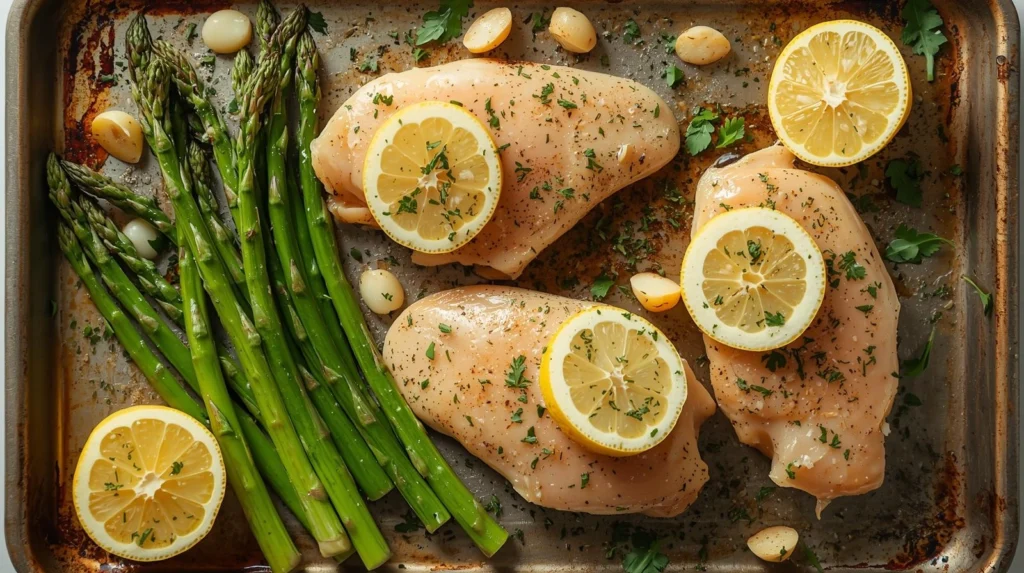 lemon chicken and asparagus sheet pan dinner ​