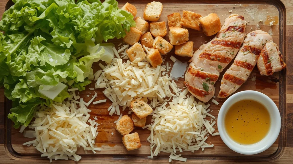 chicken caesar salad ingredients being prepared not totally finished