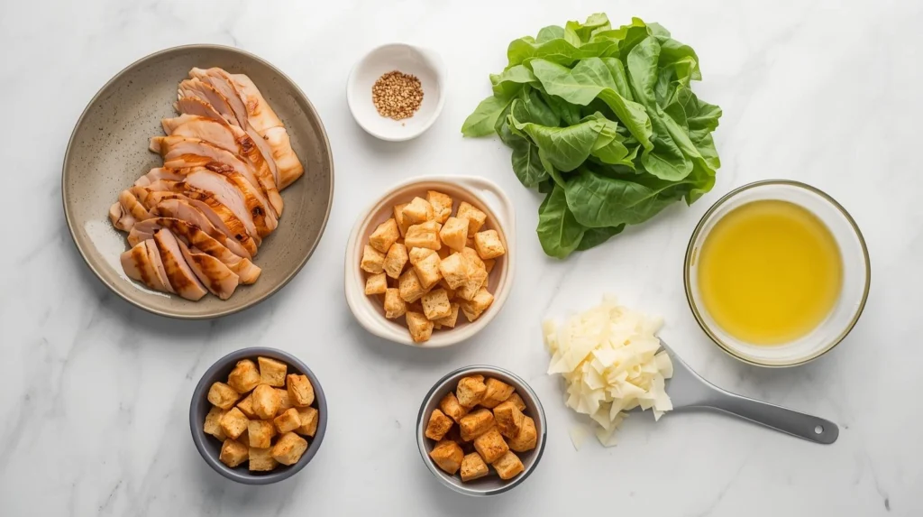 chicken caesar salad raw ingredients separated neatly on a modern bright countertop