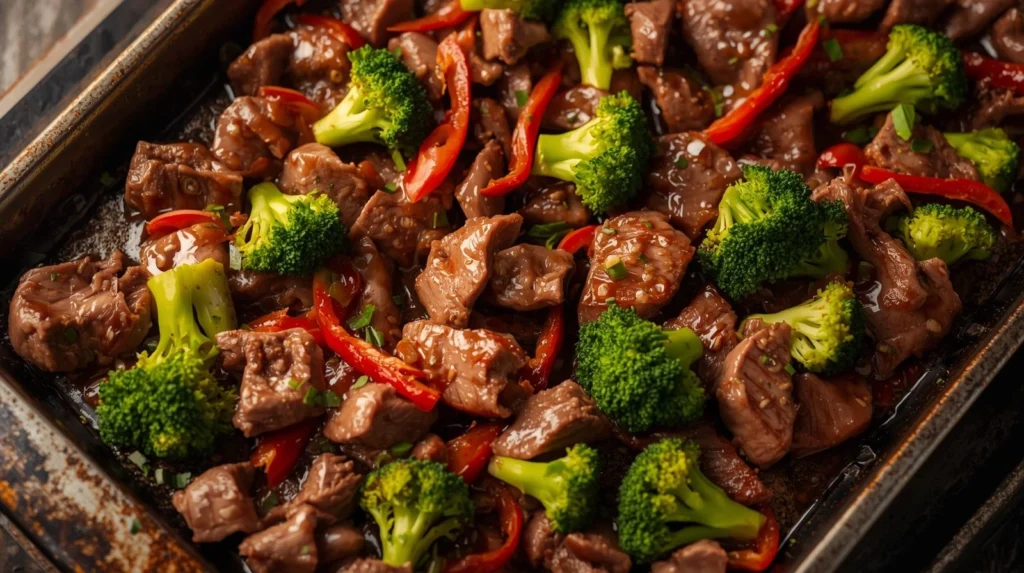 mongolian beef recipe preparation in a sheet pan.